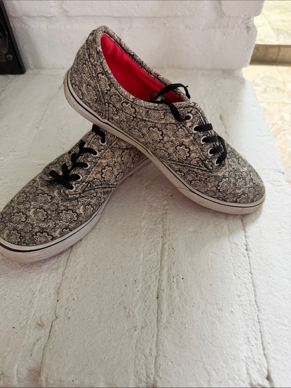Vans Black and White Paisley Canvas Sneakers with Pink Lining